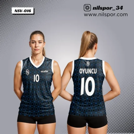 siyah mavi kristal desenli voleybol forması, petek dokulu özel tasarım takım forması yaptırma, dijital baskılı profesyonel voleybol forması siparişi