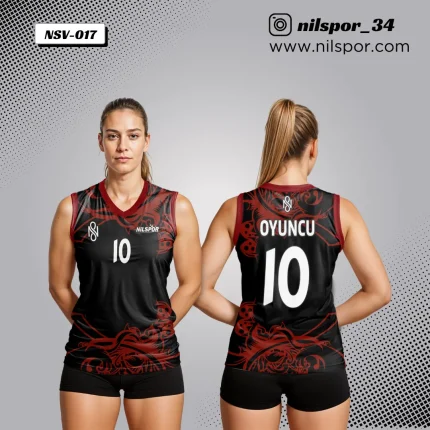 siyah bordo etnik desenli voleybol forması, tribal motifli özel tasarım takım forması yaptırma, dijital baskılı voleybol takımı forması siparişi