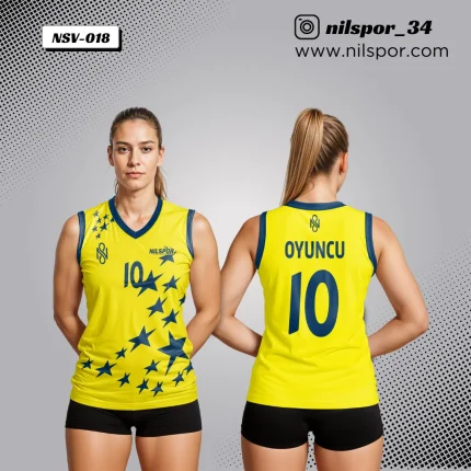sarı lacivert yıldız desenli voleybol forması, şampiyon temalı özel tasarım takım forması yaptırma, dijital baskılı kulüp forması siparişi