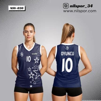 lacivert beyaz yıldız desenli voleybol forması, özel tasarım takım forması yaptırma, dijital baskılı voleybol takımı forması siparişi