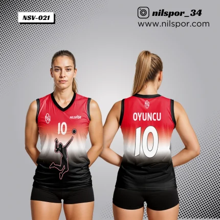 kırmızı beyaz siyah renk geçişli voleybol forması, voleybolcu silüet figürlü özel tasarım takım forması yaptırma