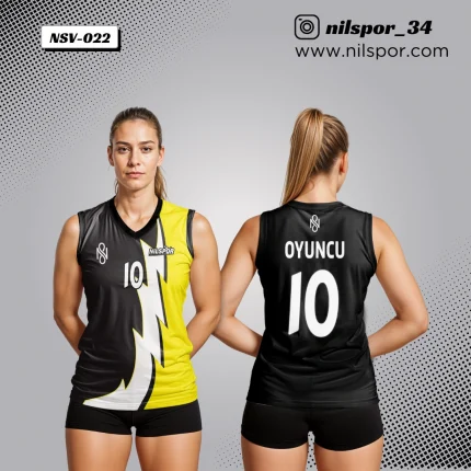 siyah sarı şimşek desenli voleybol forması, özel tasarım takım forması yaptırma