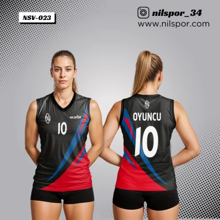 siyah mavi kırmızı çapraz şeritli voleybol forması, özel tasarım takım forması yaptırma, keskin hatlı modern voleybol forması tasarımı
