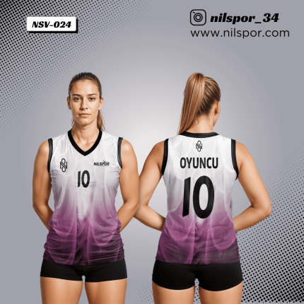 mor beyaz duman desenli voleybol forması, bulut efektli geçişli özel tasarım takım forması yaptırma, dijital baskılı profesyonel sporcu forması