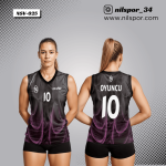 siyah mor duman desenli voleybol forması, puslu efektli özel tasarım takım forması yaptırma, dijital baskılı profesyonel kulüp forması tasarımı