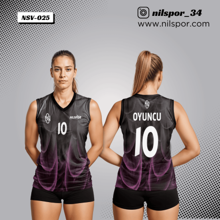 siyah mor duman desenli voleybol forması, puslu efektli özel tasarım takım forması yaptırma, dijital baskılı profesyonel kulüp forması tasarımı
