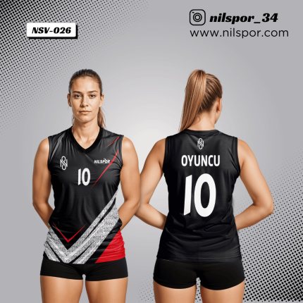siyah kırmızı beyaz asimetrik dokulu voleybol forması, alt panel desenli özel tasarım takım forması yaptırma, dijital baskılı voleybol maç forması