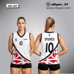 beyaz kırmızı tribal desenli voleybol forması, polinezya motifli özel tasarım takım forması yaptırma, dijital baskılı profesyonel voleybol maç forması