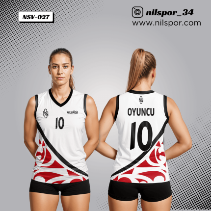 beyaz kırmızı tribal desenli voleybol forması, polinezya motifli özel tasarım takım forması yaptırma, dijital baskılı profesyonel voleybol maç forması