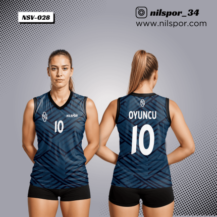 lacivert geometrik çizgi desenli voleybol forması, modern blok geçişli özel tasarım takım forması yaptırma, dijital baskılı profesyonel kulüp forması