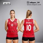 kırmızı modern grafik desenli voleybol forması, yatay bloklu ve yıldız detaylı özel tasarım takım forması yaptırma, dijital baskılı kırmızı voleybol forması siparişi