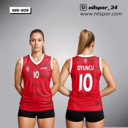 kırmızı modern grafik desenli voleybol forması, yatay bloklu ve yıldız detaylı özel tasarım takım forması yaptırma, dijital baskılı kırmızı voleybol forması siparişi