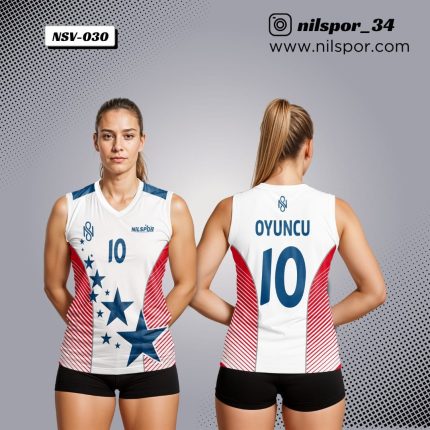 beyaz kırmızı lacivert yıldız desenli voleybol forması, yan panel çizgili özel tasarım takım forması yaptırma, dijital baskılı profesyonel voleybol forması