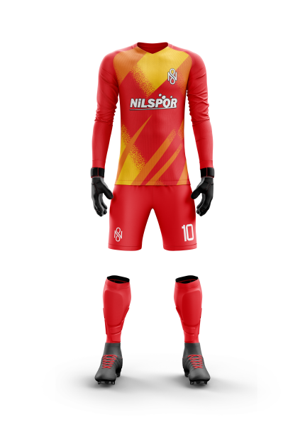 kırmızı sarı çapraz spray desenli kaleci forması nilspor forma yaptırma