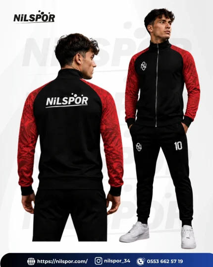 Nilspor kırmızı mermer akış desenli siyah eşofman takımı yaptırma modeli
