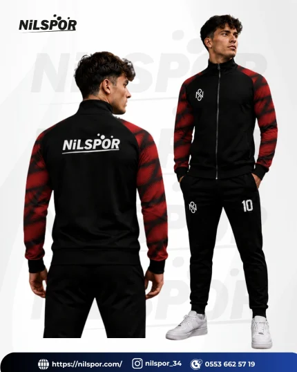 Nilspor kırmızı noktalı şerit desenli siyah eşofman takımı yaptırma modeli
