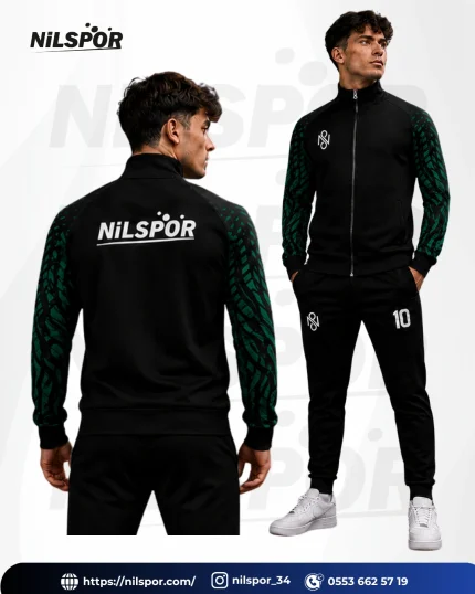 Nilspor yeşil dinamik şerit desenli siyah eşofman takımı yaptırma modeli