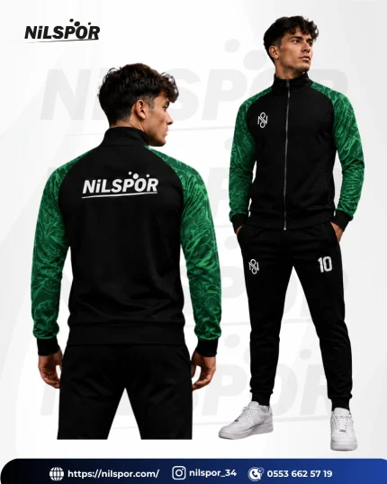 Nilspor yeşil mermer akış desenli siyah eşofman takımı yaptırma modeli