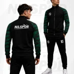 Nilspor yeşil noktalı şerit desenli siyah eşofman takımı yaptırma modeli