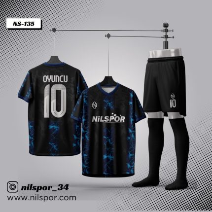 Siyah mavi şimşek desenli futbol forması yaptırma hizmeti Nilspor