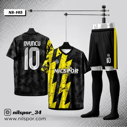 Siyah sarı şimşek desenli kişiye özel futbol forması takımı