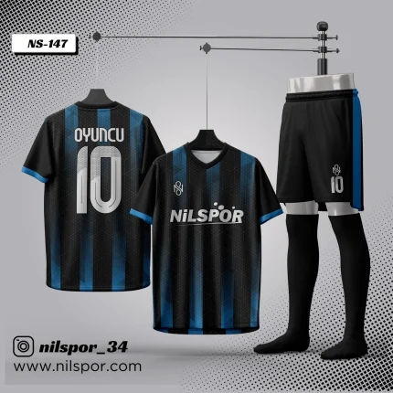 Siyah mavi çizgili kişiye özel futbol forma takımı