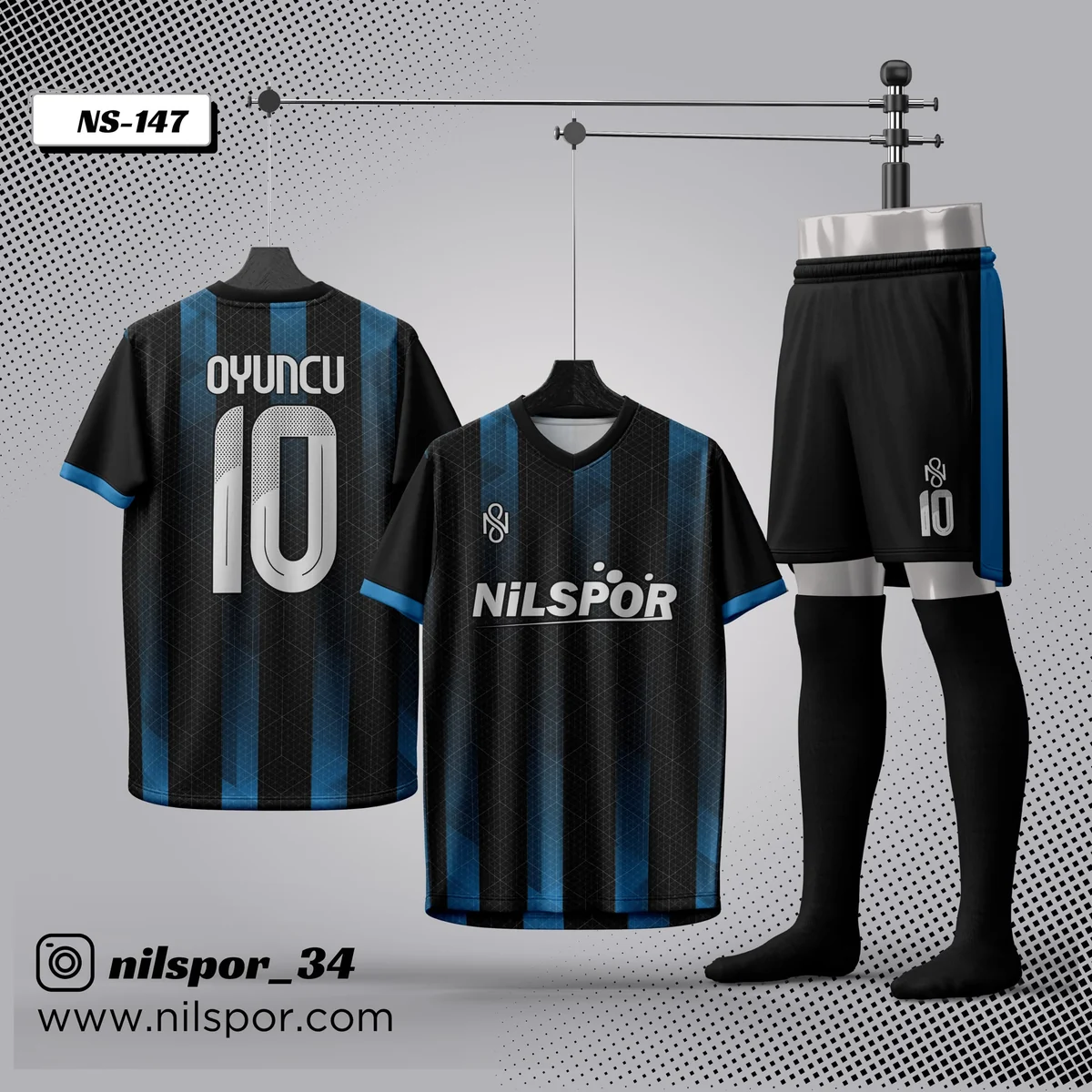 Siyah Mavi Çizgili Futbol Forması Siyah mavi çizgili kişiye özel futbol forma takımı