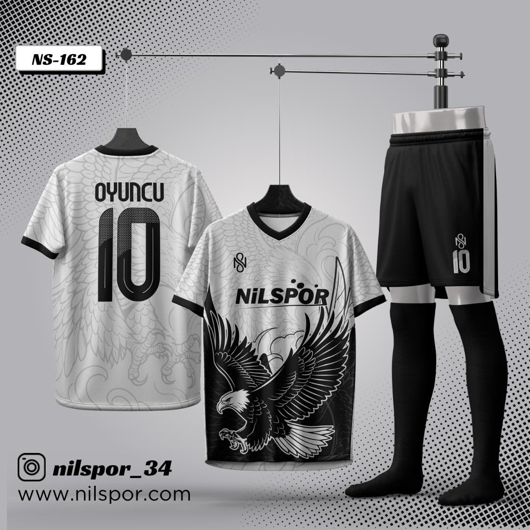 Forma tasarla özel kartal desenli siyah beyaz futbol forması ve şort takımı – Nilspor