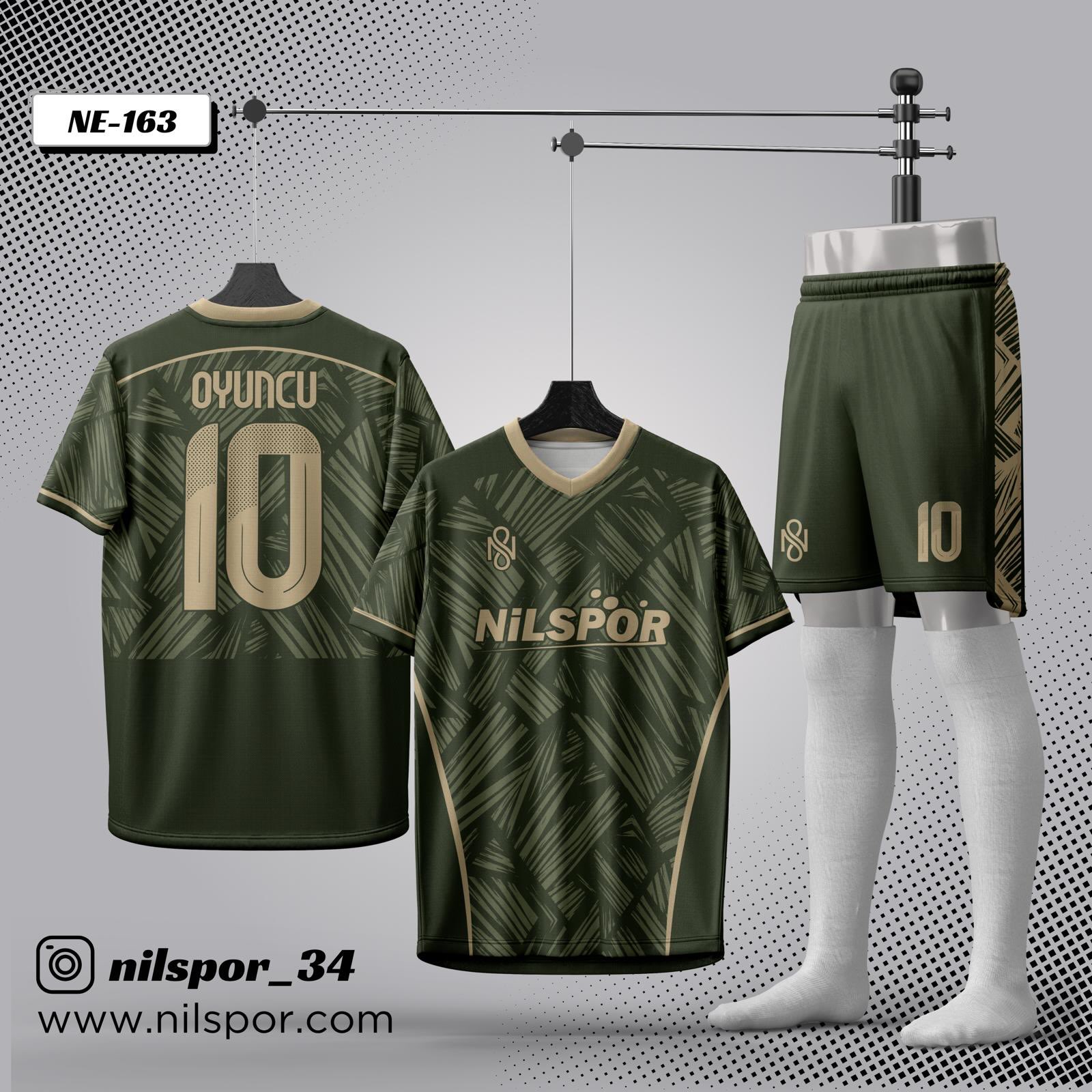 Haki yeşil ve gold detaylı özel futbol forma tasarımı – Nilspor forma tasarla