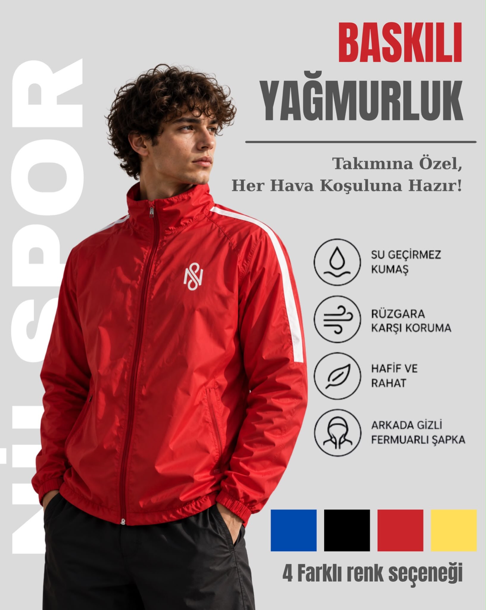Nilspor kırmızı baskılı futbol yağmurluğu, beyaz kol şeritli, fermuarlı ve gizli kapüşonlu model