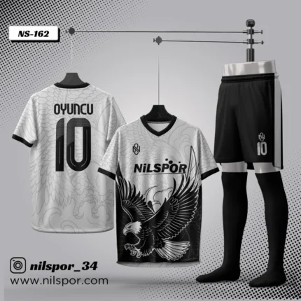 Forma yaptırma için kartal desenli siyah beyaz futbol forması ve şort takımı – Nilspor
