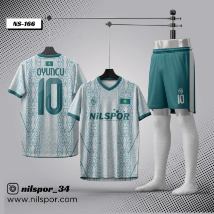 Forma yaptırma Kazakistan desenli turkuaz beyaz futbol forması