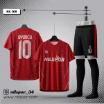 Kırmızı siyah Kazakhstan model desenli futbol forması, şort ve çorap takımı