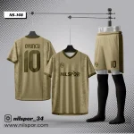 Krem gold desenli kişiye özel futbol forması takımı ön, arka, şort ve çorap görünümü