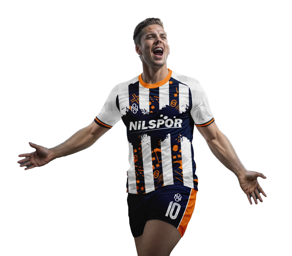 Forma tasarlama lacivert beyaz çizgili ve turuncu detaylı futbol forması Nilspor